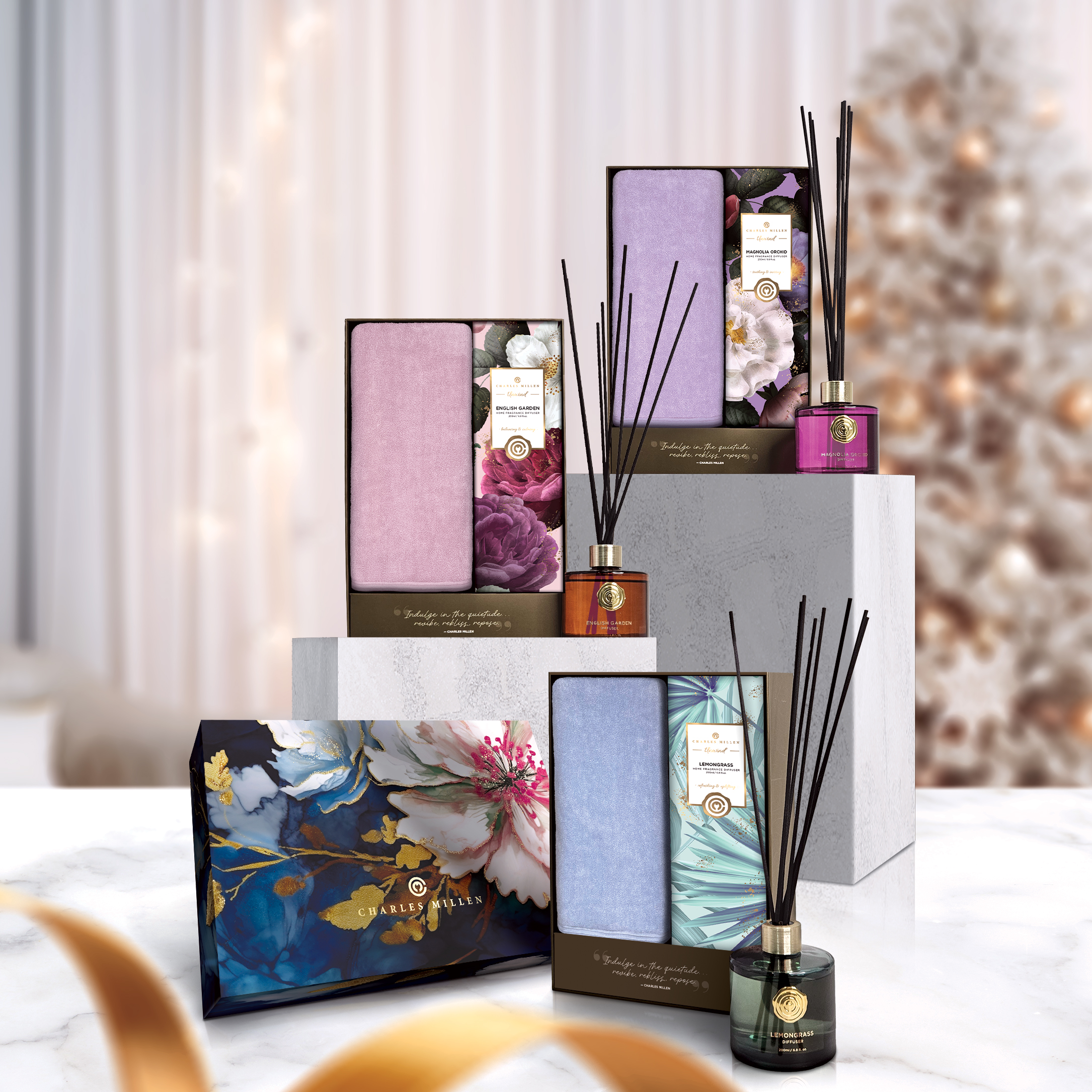 CHARLES MILLEN Signature Collection UNWIND Home SPA Indulgence Diffuser + 1 Piece LOFT Sports Bath Towel Gift Set - REPOSE