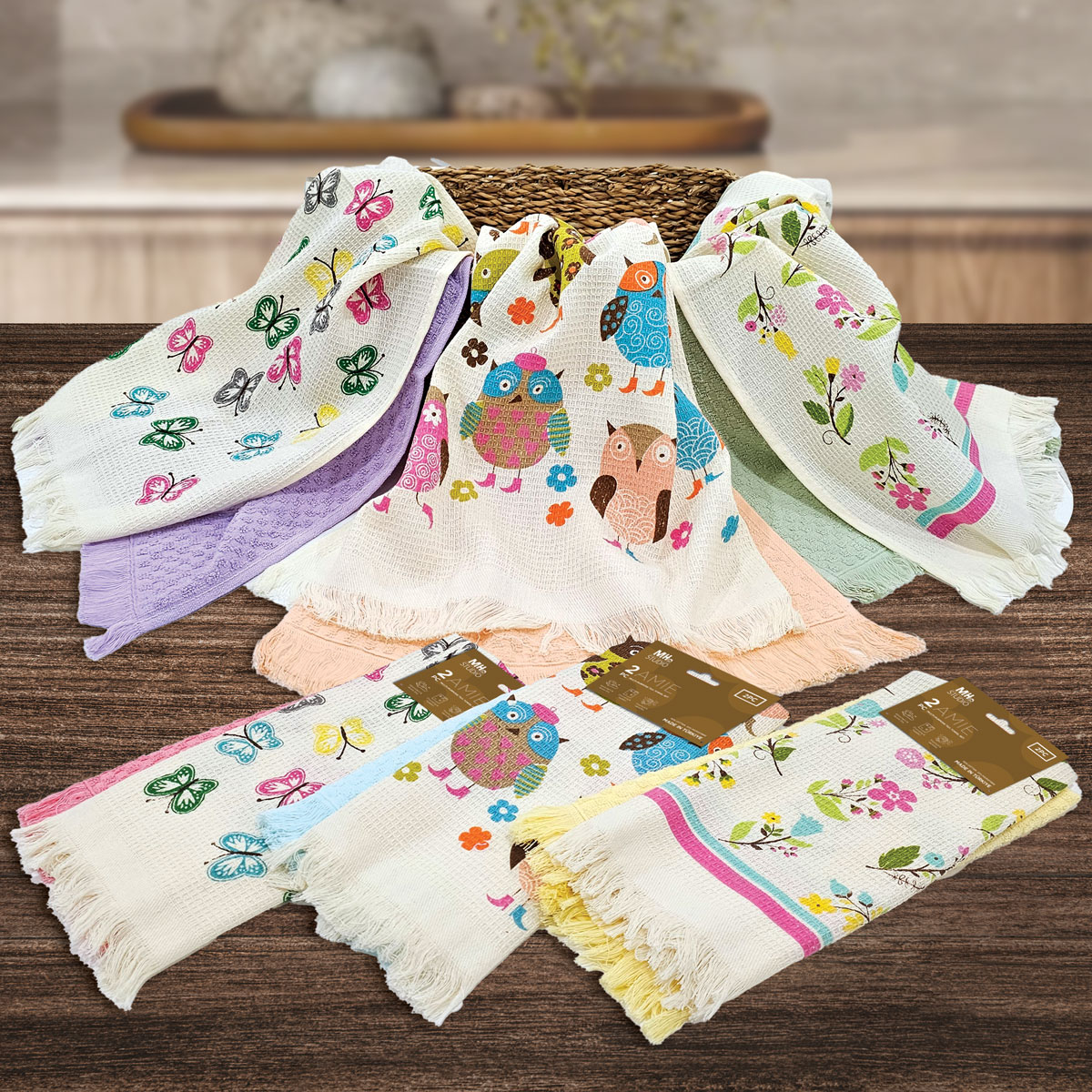 MILTON HOME Studio 2 Piece Muti-Purpose Tea Towel Set - Amie (Flower/Owl/Butterfly)